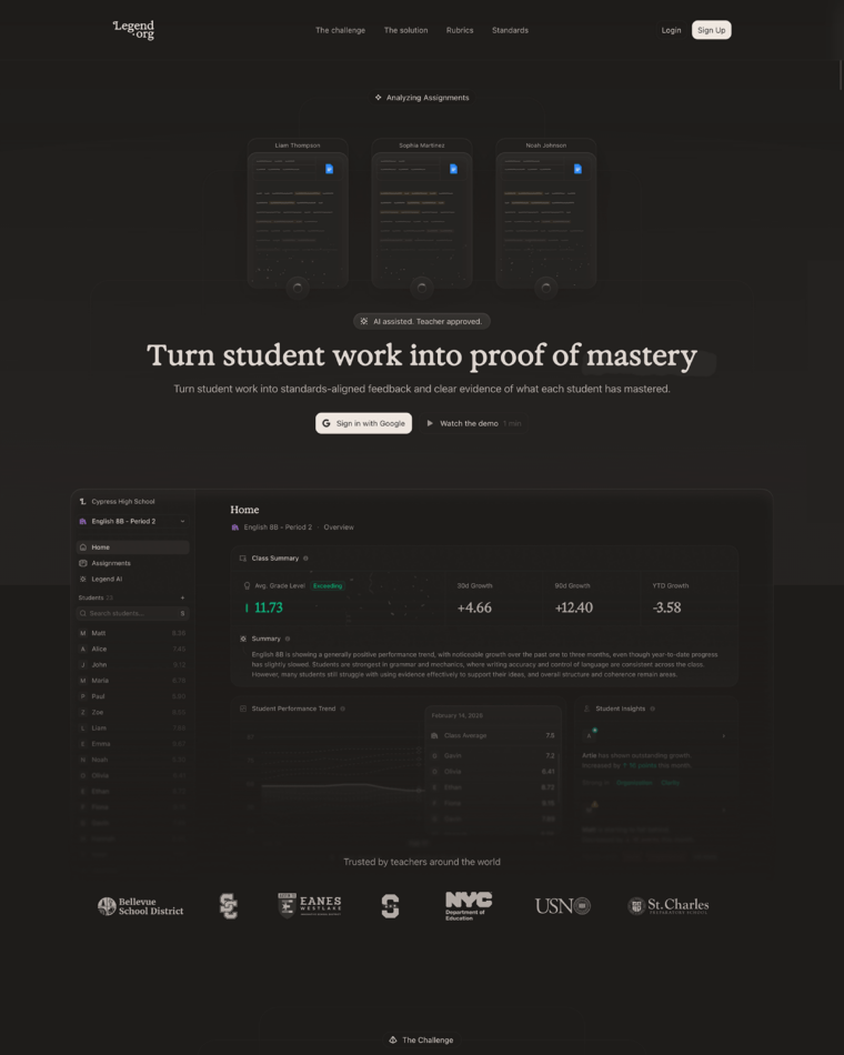 Legend landing page example